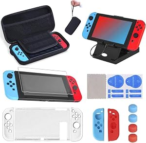 17 en 1 Kit de Accesorios para Nintendo Switch, Funda para Nintendo Switch con 10 Cartucho de Juego | 2 Protector de Pantalla | Carcasa de Silicona y Plastico | Tapas para Joystick | Soporte Ajustable
