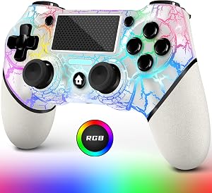 AceGamer Mando Inal&aacute;mbrico para PS4, Dise&ntilde;o Personalizado Crackle Blanco con Luces RGB, Bater&iacute;a de 1000 mAh y Jack de Audio de 3.5mm, Joystick Gamepad V2 Compatible con PS4 / Slim/Pro y Windows PC