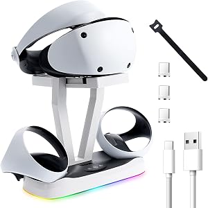 Aceshop PSVR2 Carga Estaci&oacute;n, Soporte de Carga para PSVR2 y Soporte para Auriculares para Playstation VR2 Sense Controller con luz RGB Base de Carga PS VR2 con Indicador LED, 3 Dongles Magn&eacute;ticos
