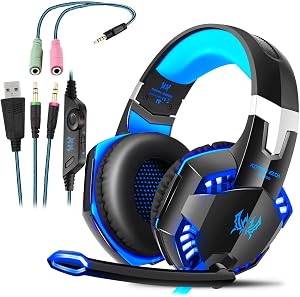 Auriculares Gaming PS4,Cascos Gaming, Auriculares Cascos Gaming con Micr&oacute;fono Juego Gaming Headset con 3.5mm Jack Luz LED Compatible con PC/Xbox One/Nintendo Switch,Bass Surround y Bajo Ruido