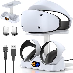 Base Carga para PSVR2, Estacion de Carga para PSVR2 con Soporte Gafas VR2, 2H R&aacute;pida Soporte Cargador para vr2 con Indicador LED, Accesorios PS vr2, Conector Magn&eacute;tico & Cable Type-C