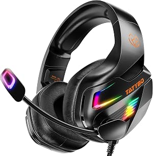 Cascos Gaming con Micr&oacute;fono, Cascos con Nivel de Sonido Envolvente Rico, Orejeras Grandes y 4 Modo Luz RGB, Auriculares Gaming para PS4 PS5 PC Xbox One Switch