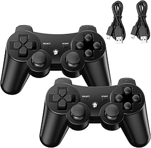 Diswoe Mando PS3, 2 Pack Mando Inal&aacute;mbrico para PS3, Wireless Bluetooth Controlador con Doble Vibraci&oacute;n, Gyro Axis, Mando Recargable PS3 Gamepad Joystick con 2 cables de carga