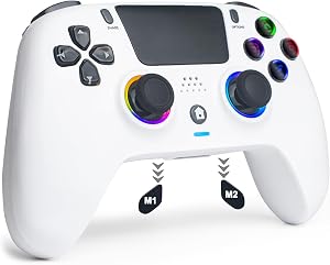 DuLingKer Mando Inal&aacute;mbrico Compatible con PS4/Pro/Slim/PC, Gaming Mando con Doble Vibraci&oacute;n, Luz RGB, Hall Trigger, Audio/Micr&oacute;fono 3,5mm, Bot&oacute;n M1/M2, Bluetooth Mando Compatible con PS4/PC