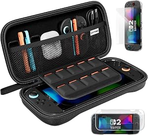 ECHTPower Kit de Accesorios para Nintendo Switch 2(Modelo 2025), 4 en 1 con Estuche para Switch 2, Funda Trasparente, 2 Piezas Protector Pantalla, Estuche Compacto Port&aacute;til, Antica&iacute;das y Antiara&ntilde;azos