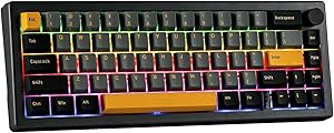 EPOMAKER EK68 Teclado Mec&aacute;nico Inal&aacute;mbrico/Bluetooth/USB-C. 65% Teclado con bater&iacute;a 3000mAh,Volumen bot&oacute;n,RGB,Hot Swap,para Juegos/Oficina/PC/Mac/Linux (US Negro Oro, Gateron Yellow Switch)