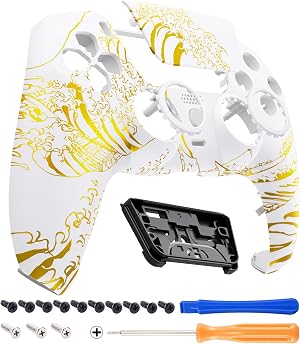 eXtremeRate Luna Redise&ntilde;ado Carcasa Frontal con Panel T&aacute;ctil Compatible con ps5 BDM-010 BDM-020 BDM-030 BDM-040 Carcasa Delantera Placa Frontal Funda Portectora(La Gran Ola Dorada-Negro)