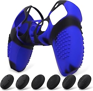 eXtremeRate PlayVital Funda de Silicona para ps5 Mando - Carcasa Protectora con 6 Tapas de Joysticks, Impermeable, Resistente y Antideslizante, Funda de Goma Suave, 3D Tachonado (Azul Negro)
