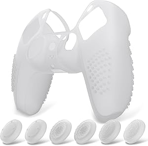 eXtremeRate PlayVital Funda de Silicona para ps5 Mando - Carcasa Protectora con 6 Tapas de Joysticks, Impermeable, Resistente y Antideslizante, Funda de Goma Suave, 3D Tachonado (Claro Blanco)