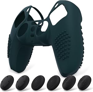 eXtremeRate PlayVital Funda de Silicona para ps5 Mando - Carcasa Protectora con 6 Tapas de Joysticks, Impermeable, Resistente y Antideslizante, Funda de Goma Suave, 3D Tachonado (Oscuro Verde)