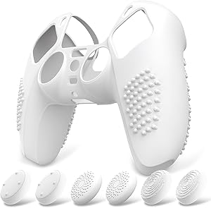 eXtremeRate PlayVital Funda de Silicona para ps5 Mando - Carcasa Protectora con 6 Tapas de Joysticks, Impermeable, Resistente y Antideslizante, Funda de Goma Suave para ps5, 3D Tachonado (Blanco)
