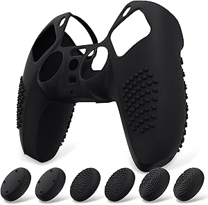 eXtremeRate PlayVital Funda de Silicona para ps5 Mando - Carcasa Protectora con 6 Tapas de Joysticks, Impermeable, Resistente y Antideslizante, Funda de Goma Suave para ps5, 3D Tachonado (Negro)