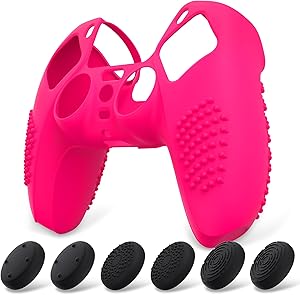 eXtremeRate PlayVital Funda de Silicona para ps5 Mando - Carcasa Protectora con 6 Tapas de Joysticks, Impermeable, Resistente y Antideslizante, Funda de Goma Suave para ps5, 3D Tachonado (Rosa Vivo)