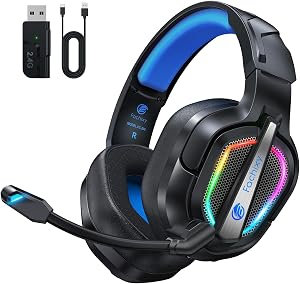 Fachixy FC200 Cascos Gaming Inal&aacute;mbricos, 2.4GHz Bluetooth Auriculares Gaming Inalambricos para PS5, PS4, PC, Switch, Cancelaci&oacute;n de Ruido de Baja latencia, luz LED, Duraci&oacute;n 50Hr