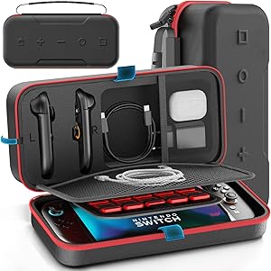 Funda para Nintendo Switch 2025, Bolsa de Transporte para Switch 2 para Joy-Con 2 y Consola, Funda de Viaje para Switch 2 para 26 Tarjetas de Juego y Accesorios, Organizador Cable y Adaptador-Rojo
