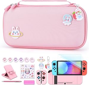 Funda para NS Switch - innoAura Accesorios NS Switch 18 en 1 con Carcasa de Transporte de Switch, Carcasa de Videojuegos de Switch, Protector de Pantalla de Switch, Soporte de Switch(Rosado)