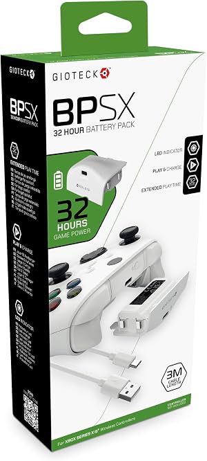 Gioteck Bater&iacute;a de Alta Capacidad (1400 mAh) para Mando inal&aacute;mbrico Xbox Series X S, 32 Horas de duraci&oacute;n, Incluye Cable Plug and Play de 3 Metros, Color Blanco