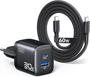 INIU Cargador USB C, 30W 1-Paquete PD GAN Cargador Carga Rapida y Cable 60W | [USB C + USB A] M&uacute;ltiple Enchufe R&aacute;pido y Tipo C Cable para iPhone 17 16 15 Pro Max iPad, Samsung S26 S25 Ultra,Switch etc