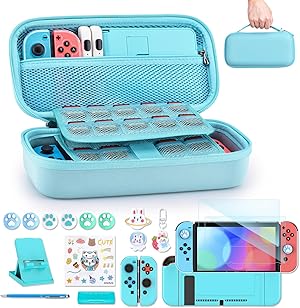 innoAura Funda para NS Switch Accesorios NS Switch 18 en 1 con Carcasa de Transporte de Switch, Carcasa de Videojuegos de Switch, Protector de Pantalla de Switch, Soporte de Switch,Thumb Grips(Azul)