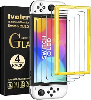 ivoler 4 Piezas Protector de Pantalla Compatible con Nintendo Switch OLED Modelo 7 pulgadas 2021 Modelo, Incluye Marco de Instalaci&oacute;n F&aacute;cil, Cristal Vidrio Templado Premium
