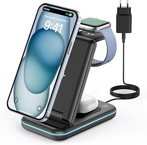 JoyGeek Cargador Inal&aacute;mbrica, Plegable 3 en 1 Base Cargador para i Phone 15/14/13/12/Plus/Pro MAX, Estaci&oacute;n de Carga para Apple Watch Ultra-2, Rapida Wireless Charger para AirPods Pro/3/2-Negro