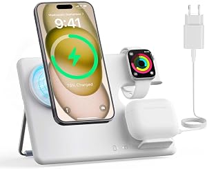 JoyGeek Cargador mag-Safe, Estaci&oacute;n de Carga 3 en 1 para Apple Watch y para iPhone 15/14/13/12, Estaci&oacute;n de Carga Plegable para iWatch 2-Ultra 2, Cargador Inal&aacute;mbrico para Air Pods 2-Pro 2-Blanco