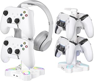 KDD Soporte Auriculares Gaming, Soporte para Cascos Gaming Giratorio con 9 Modos de Luz, Soporte Mando con 2 Puertos USB, Puerto Tipo-C y 3,5mm Conector de Audio, Headphone Stand para Gamers (Blanco)