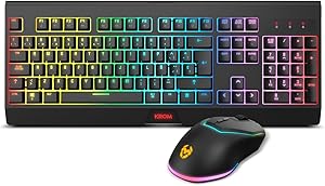 KROM Kabala - Kit Teclado Membrana inal&aacute;mbrico RGB Rainbow retroiluminado, 6 Teclas Anti-Ghosting, Raton &Oacute;ptico inal&aacute;mbrico 6 Niveles dpi 800-4800 on-The-Fly, Compatible PC, Layout espa&ntilde;ol, Negro