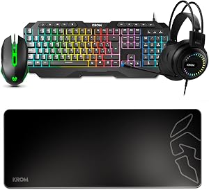 KROM KARRIER Pack Gaming 4 en 1 &ndash; Teclado de Membrana Retroiluminado RGB Layout Espa&ntilde;ol, Rat&oacute;n 3600 DPI, Auriculares con Sonido Envolvente 50 mm, Alfombrilla XXL Antideslizante &ndash; Negro