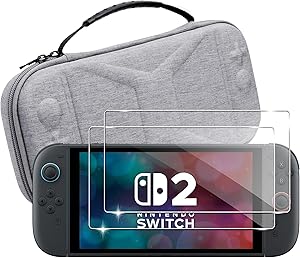 Lemxiee Funda para Nintendo Switch 2 Accesorios + [2 Pieza] Cristal Templado para Nintendo Switch 2 (2025) Protector Pantalla,Funda de Transporte