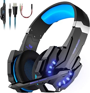 LESHP - Auriculares para gamer G9000 con cable para PC, PS4, port&aacute;til, tableta y m&oacute;vil - Con micr&oacute;fono, audio est&eacute;reo, luz led y antirruido Noir+Bleu
