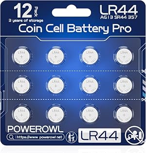LR44, POWEROWL Paquete de 12 Pilas de Bot&oacute;n LR44 1.5V Alcalinas para Relojes, Calculadoras y Juguetes
