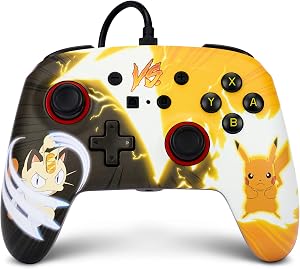 Mando con cable mejorado PowerA para Nintendo Switch - Pok&eacute;mon: Pikachu vs. Meowth, mando, mando para videojuegos, mando con cable, con licencia oficial