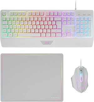 Mars Gaming MCP124, Combo Gaming 3en1, Teclado Ergonómico H-Mech LED RGB, Ratón RGB 3200DPI Switches HUANO, Alfombrilla Nanotextil 360x260mm, Compatibilidad Multiplataforma, Layout Portugués, Blanco