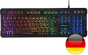 Mars Gaming MK218, Teclado Gaming con Iluminación Full RGB, 9 Efectos, Tecnología H-Mech, 12 Teclas de Función, Antighosting, Diseño Compacto, Idioma Alemán