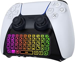 MoKo Teclado Inalámbrico con Retroiluminación RGB para Mando PS5, Mini Teclado Bluetooth para Playstation 5 con Luz Colorida Altavoz Integrado Mejorado y Conector de Audio de 3,5 mm PS5 Accesorios