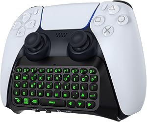 MoKo Teclado Inalámbrico para Mando PS5 con Retroiluminación Verde, Mini Bluetooth Teclado Controlador con 47 Teclas Chatpad, Altavoz Integrado y Conector 3,5 mm Audio Compatible con accesorios PS5