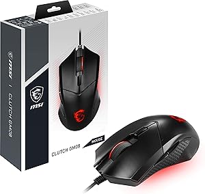 MSI Clutch GM08 - Ratón para Videojuegos (USB simétrico, LED Rojo, Sensor óptico Paw 3519, conmutador de hasta 10 ml de Clic, Sistema de Pesas modificables), Negro
