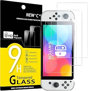 NEW'C 3 Piezas, Protector Pantalla para Nintendo Switch (mod&egrave;le OLED), Cristal templado Antiara&ntilde;azos, Antihuellas, Sin Burbujas, Dureza 9H, 0.33 mm Ultra Transparente, Ultra Resistente