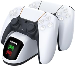 NexiGo DOBE Cargador controlador PS5, estaci&oacute;n de carga dual con indicador LED, alta velocidad, base de carga para Playstation 5 DualSense, color blanco