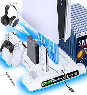 OIVO Soporte para PS5 y PS5 Slim con Ventilador de 3 Velocidades, Cargador para Mando PS5 con Luz RGB, Soporte PS5 Vertical con 3 Puertos USB y Ranuras de 14 Juegos, Almacenamiento para Playstation 5