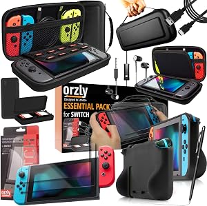 Orzly PACK ESENCIAL de Accesorios para Nintendo Switch [Incluye: Protectores de Pantalla, Cable USB, Funda para Consola, Estuche Tarjetas de Juego, Funda Comfort Grip, Auriculares] &ndash; NEGRO