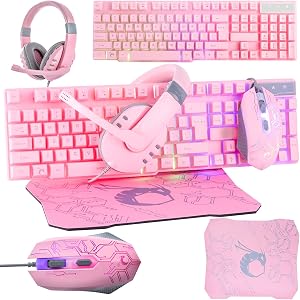 Orzly Teclado y Raton Gaming - Combo Rat&oacute;n y Teclado USB [RGB LED Retroiluminaci&oacute;n], Cascos Gamer, Alfombrilla de Rat&oacute;n - para Usuarios PC, Xbox y PS4 [Hornet RX250 Rosa]