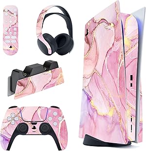 PlayVital Calcoman&iacute;a Vinilo para ps5 Edici&oacute;n Disc - Pegatina Completa para Consola, Control, Base de Recarga, Control Remoto y Aud&iacute;fonos, Cubierta Protectora Adhesiva(Efecto de M&aacute;rmol Dorado Rosa)