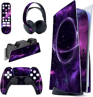 PlayVital Calcoman&iacute;a Vinilo para ps5 Edici&oacute;n Disc - Pegatina Completa para Consola, Control, Base de Recarga, Control Remoto y Aud&iacute;fonos, Skins Cubierta Protectora Adhesiva(Espacio Profundo P&uacute;rpura)