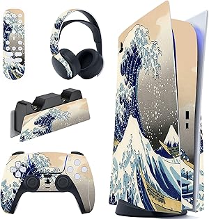 PlayVital Calcomanía Vinilo para ps5 Edición Disc - Pegatina Completa para Consola, Control, Estación de Recarga, Control Remoto y Audífonos, Cubierta Protectora Adhesiva(Gran Ola de Doble Lado)