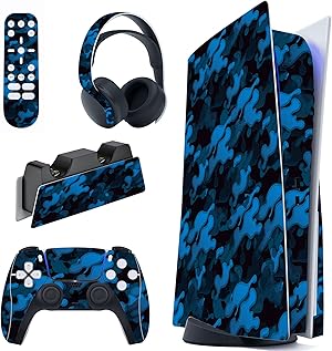 PlayVital Calcoman&iacute;a Vinilo para ps5 Edici&oacute;n Disc - Pegatina Completa para Consola, Control, Estaci&oacute;n de Recarga, Control Remoto y Aud&iacute;fonos, Skins Cubierta Protectora Adhesiva(Camuflaje Azul Negro)