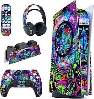 PlayVital Calcomanía Vinilo para ps5 Edición Disc - Pegatina Completa para Consola, Control, Estación de Recarga, Control Remoto y Audífonos, Skins Cubierta Protectora Adhesiva(Colores Hojas)