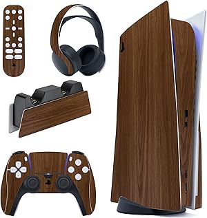 PlayVital Calcoman&iacute;a Vinilo para ps5 Edici&oacute;n Disc - Pegatina Completa para Consola, Control, Estaci&oacute;n de Recarga, Control Remoto y Aud&iacute;fonos, Skins Cubierta Protectora Adhesiva(Grano de Madera)