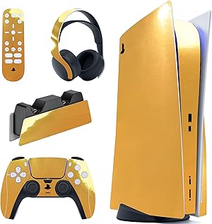 PlayVital Calcomanía Vinilo para ps5 Edición Disc - Pegatina Completa para Consola, Control, Estación de Recarga, Control Remoto y Audífonos, Skins Cubierta Protectora Adhesiva(Oro Cromo)